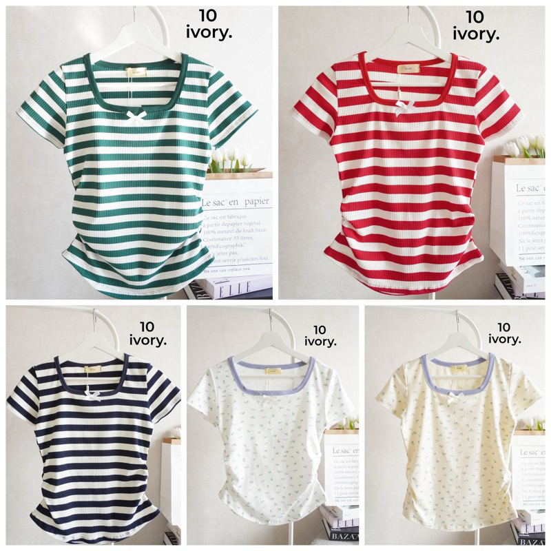 10-IVORY เสื้อยืดยูนิโคล่ ลายริ้ว / ดอก แต่งโบว์ หยุมข้าง