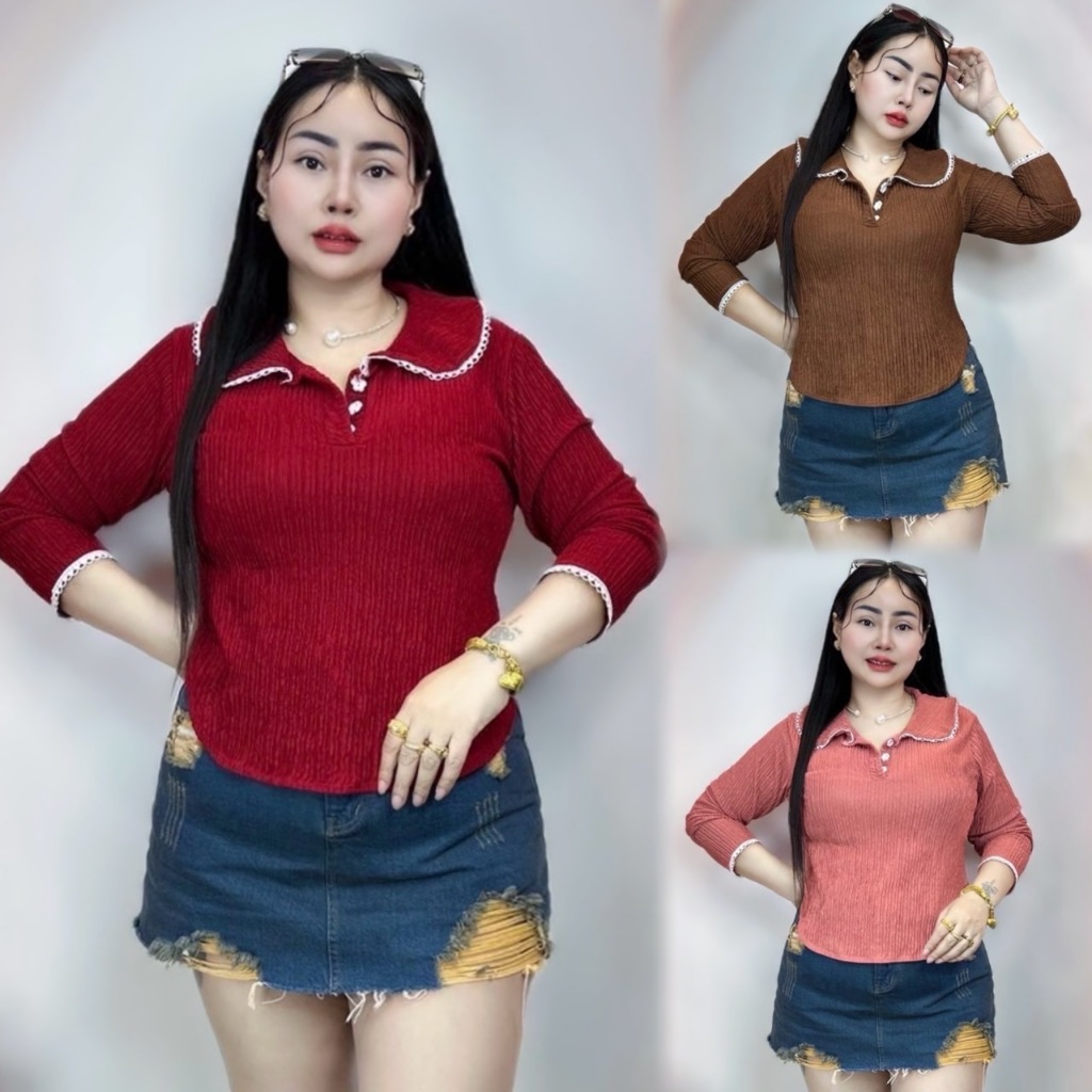 จัดส่งทันที 001เสื้อสาวอวบร้านต๋อง อก38-44 46ใส่ได้ แขนยาว คอบัว แต่งลูกไม้น่ารัก **รุ่น ทิชา**