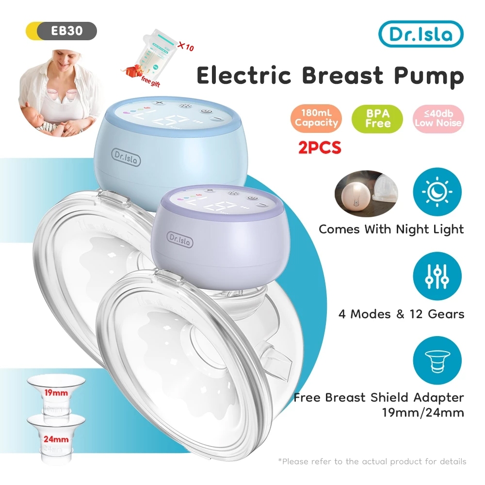 Dr.isla EB30 2PCS เครื่องปั๊มนมไฟฟ้าแฮนด์ฟรี ฟังก์ชั่นไฟกลางคืน เครื่องปั้มนมไร้สาย แบบพกพา ซิลิโคนอ่อนนุ่ม ไม่ส่งเสียงร