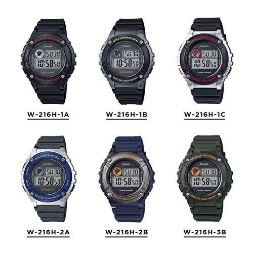Casio นาฬิกาข้อมือผู้ชาย สายเรซิ่น รุ่น W-216H,W-216H-1A,W-216H-1B,W-216H-1C,W-216H-2A,W-216H-2B,W-2