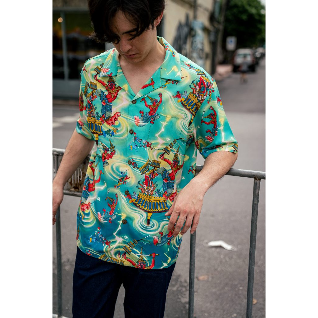 Windwear เสื้อฮาวาย สุครีพหักฉัตร "Battle of the Sky" Green Thunder สีเขียว สายฟ้า ผ้าเรยอนธรรมมชาติ 100%