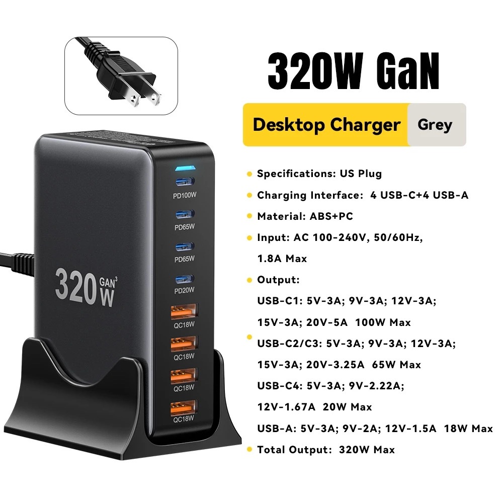 ESSAGER Quick Charge 320W สมาร์ท USB+Type-c  8Port Fast Charging Station โทรศัพท์มือถือ USB charger รูปที่ 2