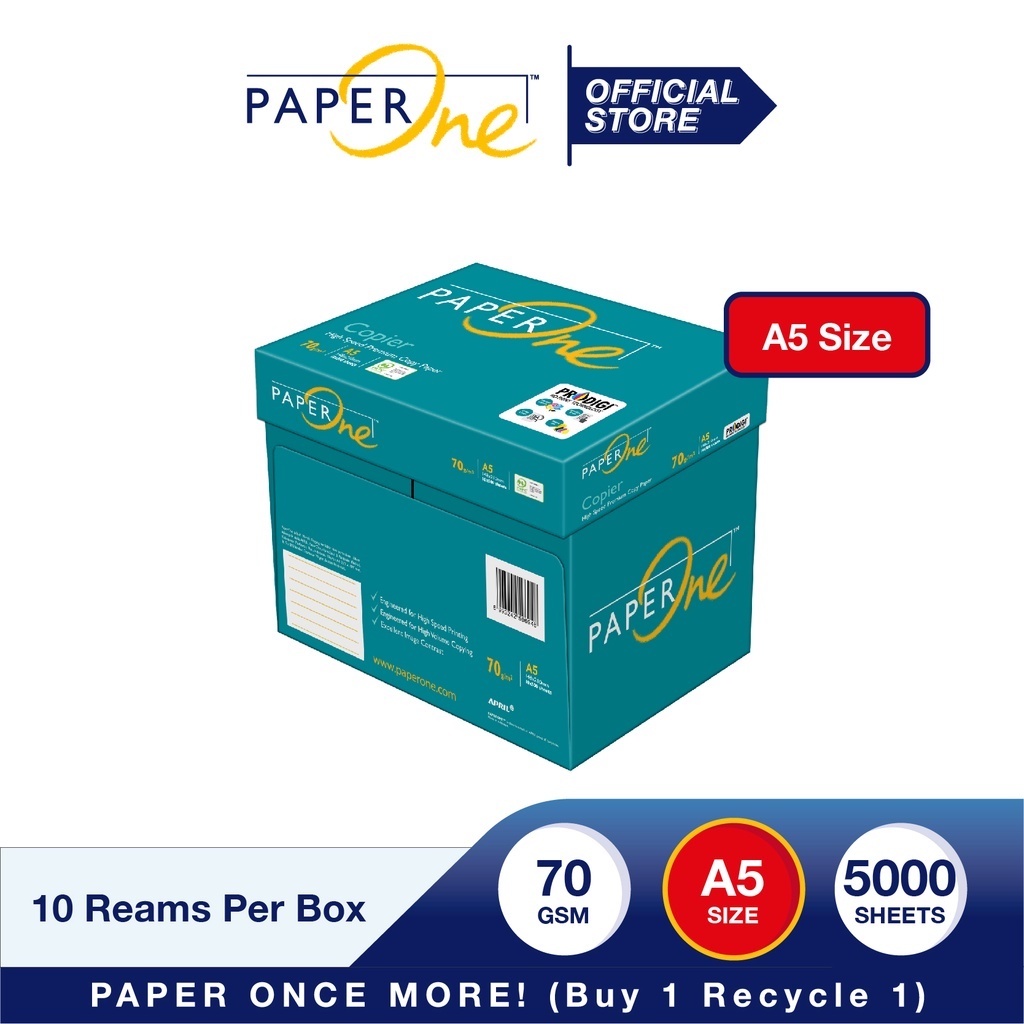 กระดาษถ่ายเอกสาร Paper One A5 70 gsm / 1 กล่อง บรรจุ 10 รีม