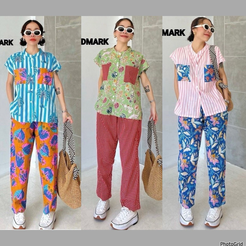 ทักก่อนสั่ง ชุดเซท ผ้าบล็อคcottonอินเดีย เสื้อแขนล้ำ กระดุมหน้า อก46”+กางเกงขายาว เอวสม็อค Thelandmark