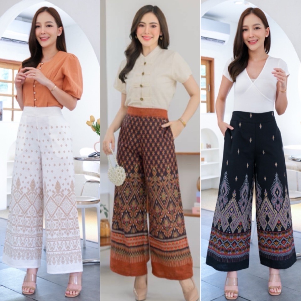 กางเกงขาบานผ้าฝ้ายลายไทย (ไซร้ M L XL)