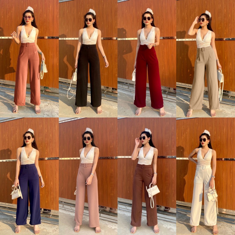 กางเกงขายาวเอวสูงผู้หญิง รุ่นเข็มขัด ผ้าพริ้วใส่สบายไม่ต้องรีด ทรงสวยมาก ขากระบอกใหญ่