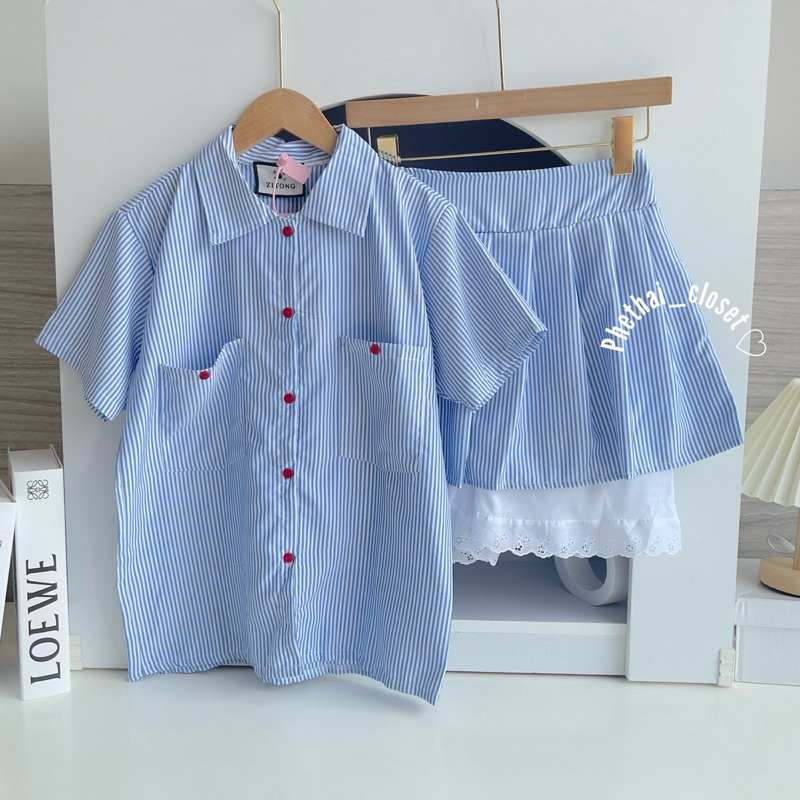 ♡Kimmy set♡เซท2ชิ้น เสื้อเชิ้ตแขนสั้น+กระโปรงกางเกง