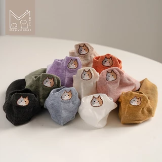 ถุงเท้าข้อสั้นลายแมว น่ารัก มินิมอล สีเอิร์ธโทน size 35-40 มีให้เลือก 10 สี [Meawnimal]