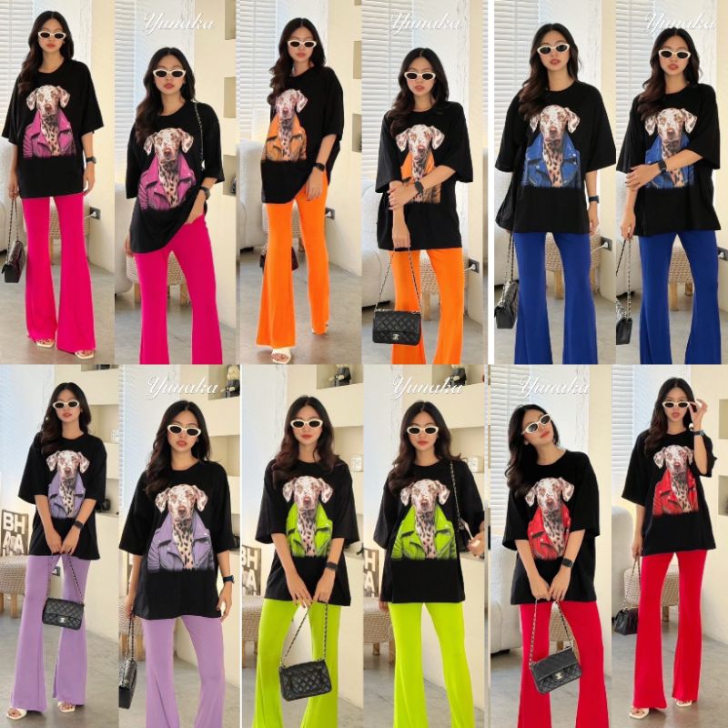 เซทเสื้อยืดคอกลมแขนสั้น ทรง Oversize สกรีนลายสุดเท่ห์ มาพร้อมกับกางเกงขายาว ทรงขาม้า