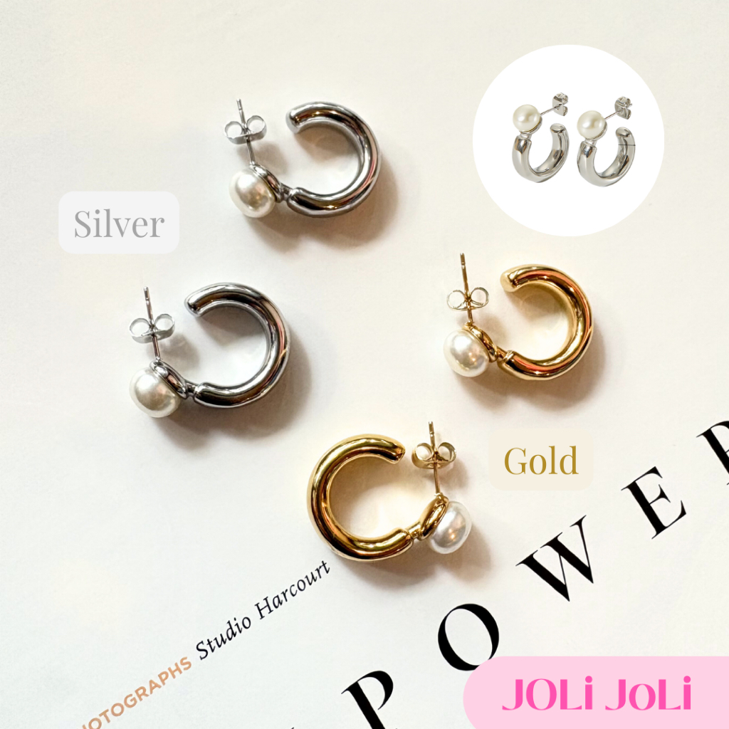 JoliJoli - Radiant Star Light Pearl Circle Hoops ต่างหู ต่างหูมุก ต่างหูแฟชั่น