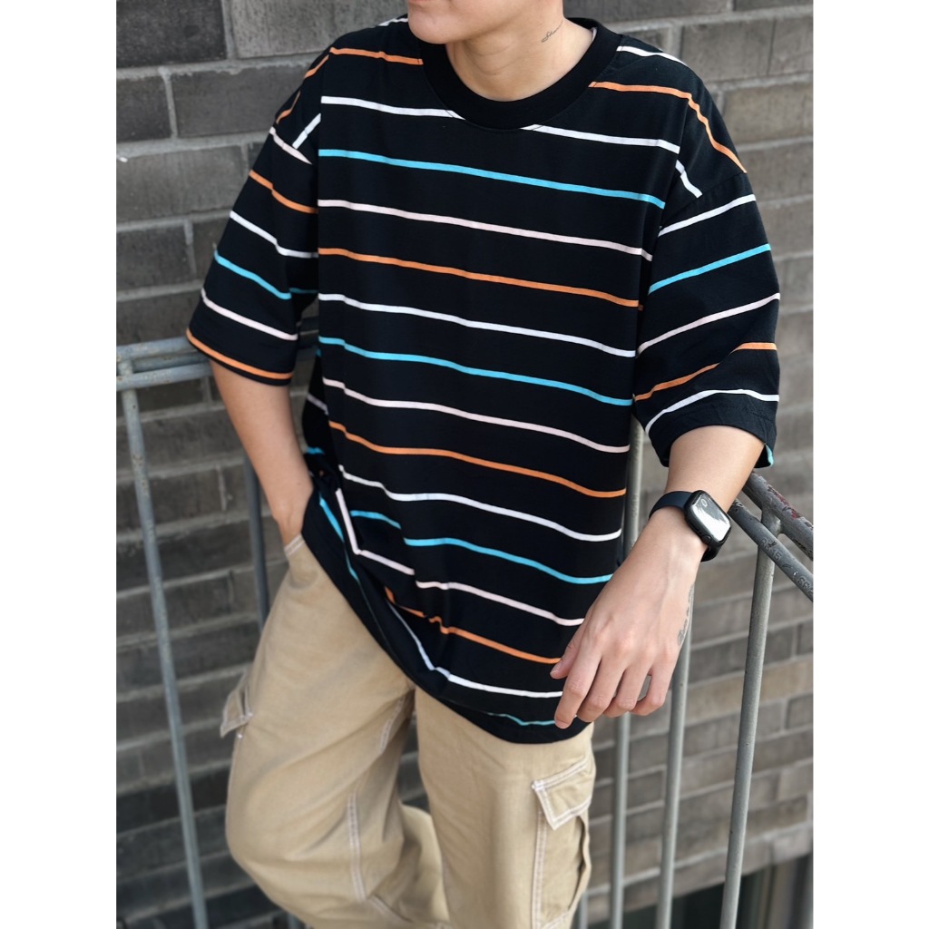 เสื้อยืดเปล่า Oversize ดำลายทาง ผ้าใส่สบาย คอไม่ย้วย