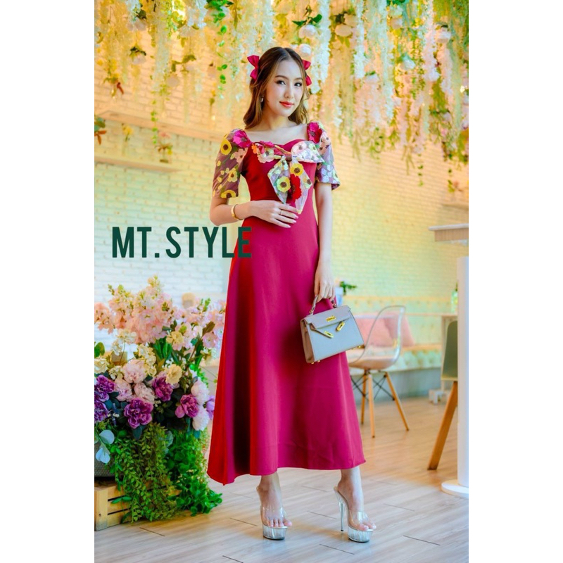 (s,m,3xl) เดรสยาว สีแดง แต่งโบว์หน้า งานป้าย my style