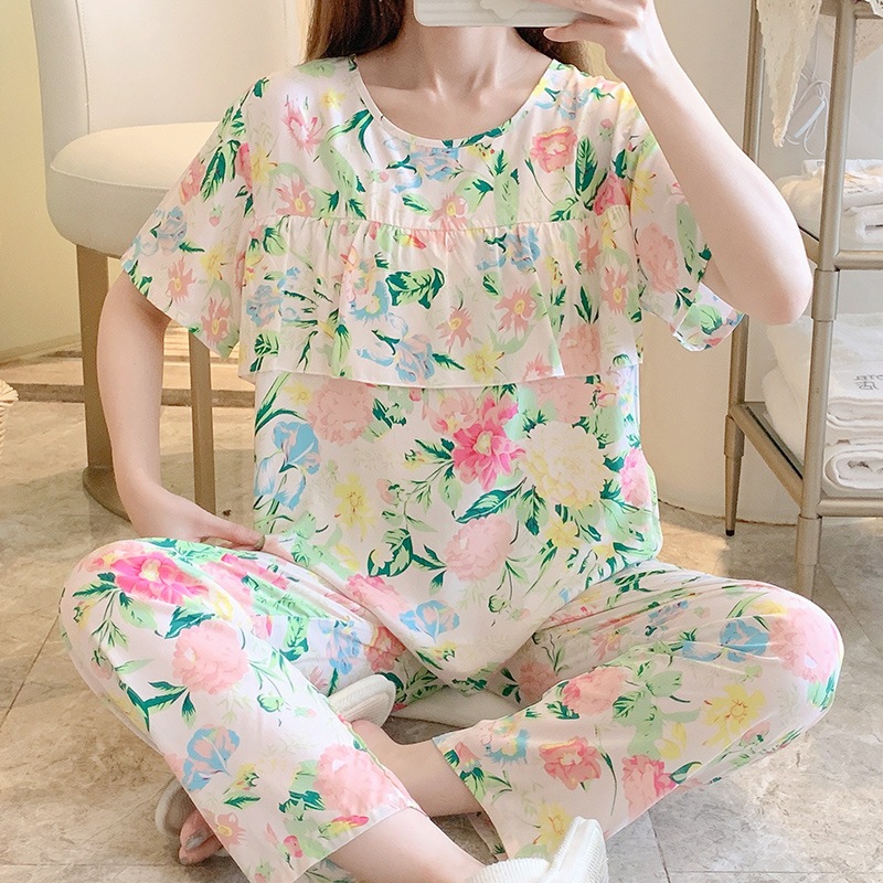 (พร้อมส่ง)ชุดนอนผู้หญิงคอกลม(ข้างหน้ามีระบาย)เนื้อผ้าเยื่อไผ่แขนสั้น-ขายาว