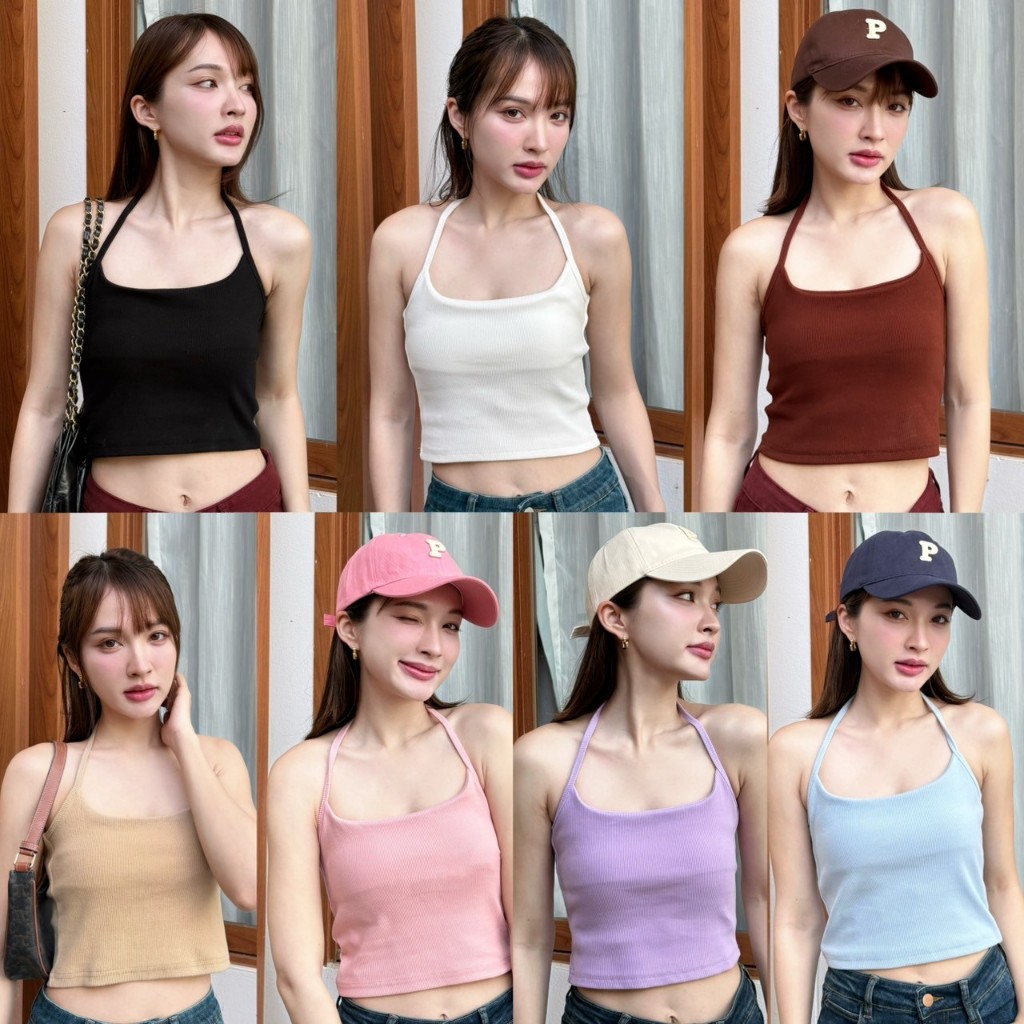 PP0910 เสื้อครอปสายเดี่ยวคล้องคอ ป้าย PLOY สำหรับผู้หญิง - Women