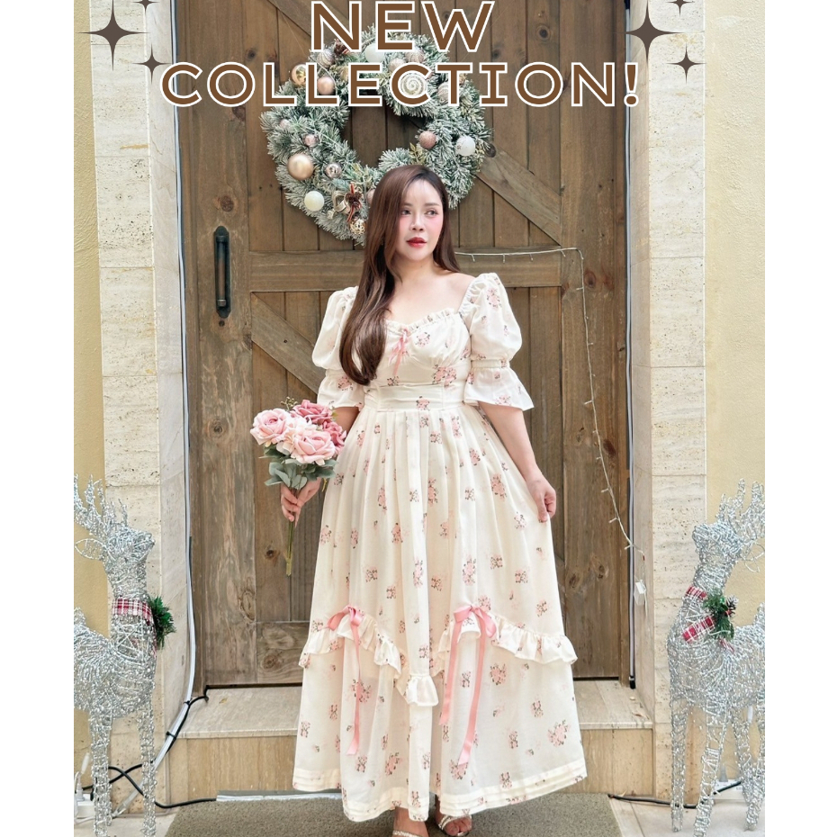 CA391 : Calorie Fashion Maxi Dress Devora สีขาวสไตล์เจ้าหญิงยุโรป ดีเทลแต่งโบว์