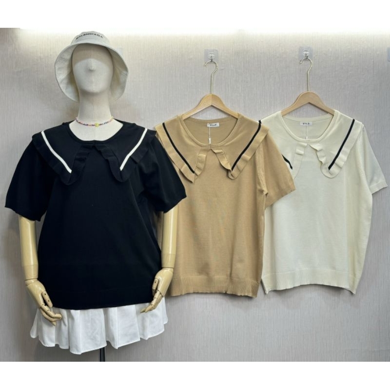 เสื้อไหมพรมคอปกแหลมแต่งระบายS307