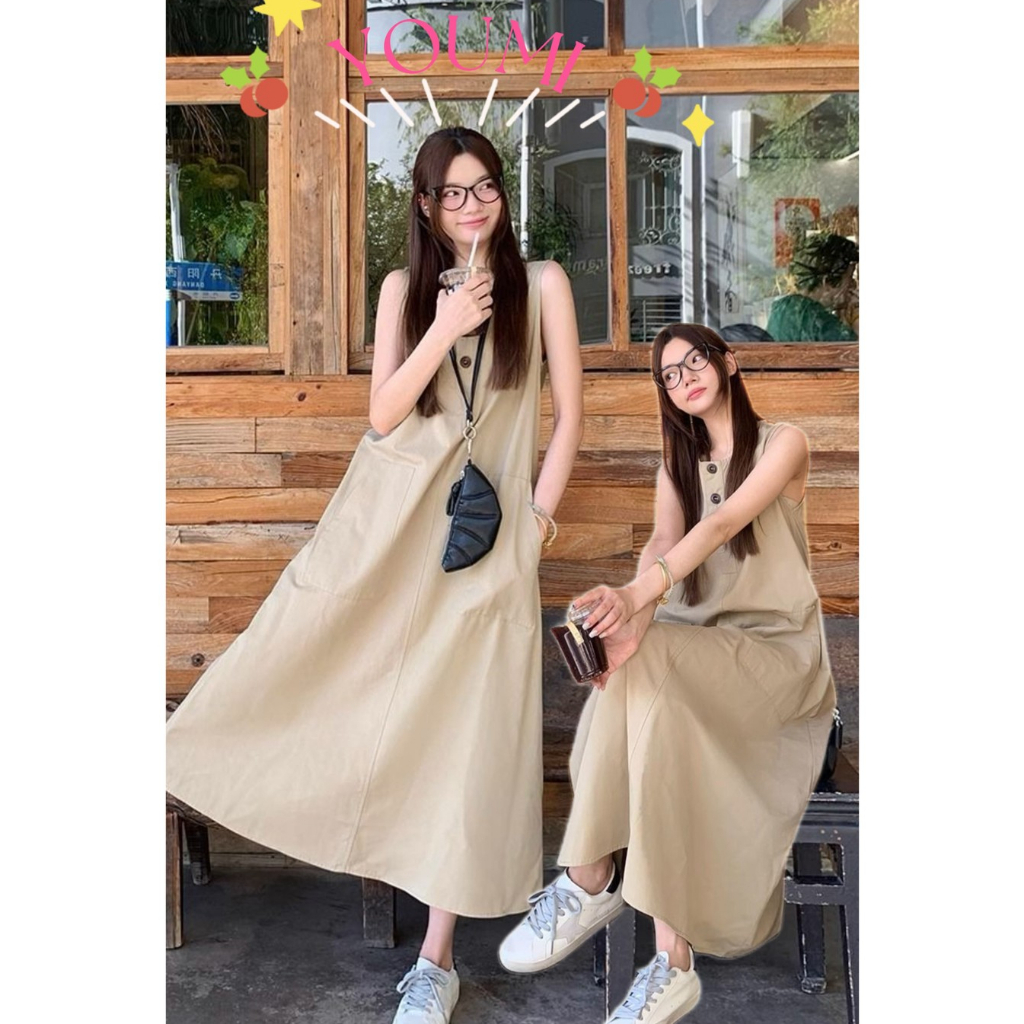 สินค้าพร้อมส่ง  ดรสเกาหลี ยาว ผ้าลินิน คอกลม แขนกุด แฟชั่น มินิมอล  กระดุมใช้งานได้จริง ผ้ายืด ใส่สบาย