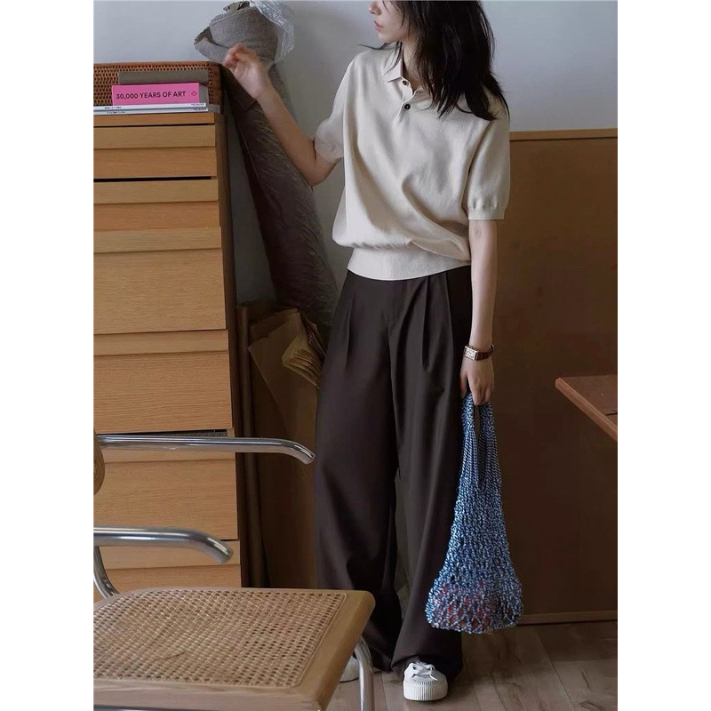 [HR-489] เสื้อคอปกแขนสั้นยกไหล่ ผ้าไหมพรม