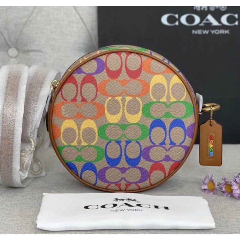 รับประกันแท้ Coach 708 Circle Crossbody In Rainbow Signature