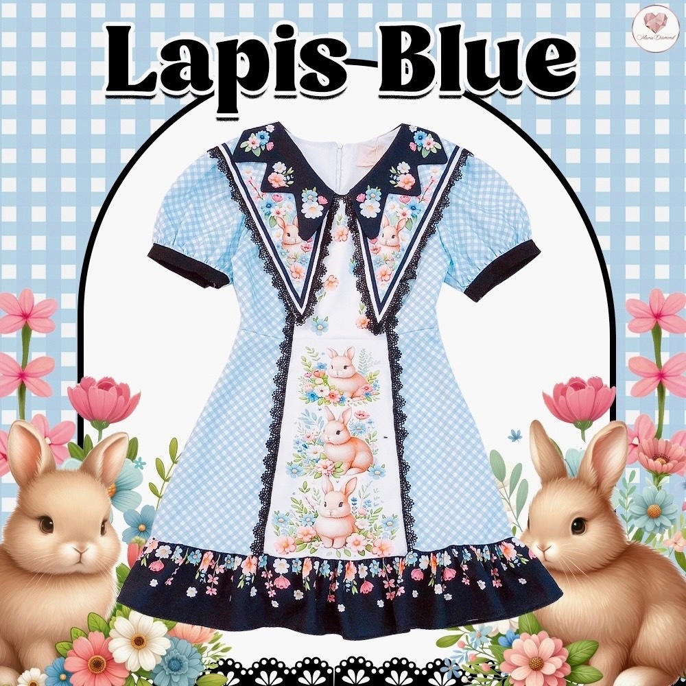 (มี2XL) Maria Diamond สีฟ้า Lapis Blue Dress เดรสผ้าไหมญี่ปุ่นพิมพ์ลายปกสองชั้น เดินเทปลูกไม้มุก มีซับใน ซิปหลัง