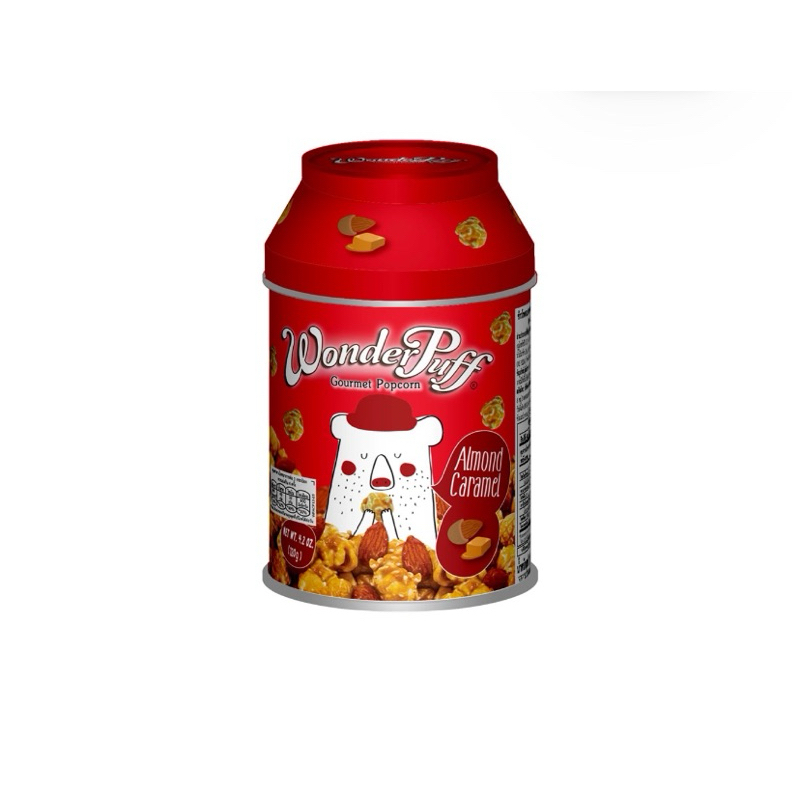 Wonder puff Caramel Almond popcorn 120 g. วันเดอร์พัฟฟ์ข้าวโพดอบกรอบรสคาราเมลอัลมอนด์ในกล่องเหล็ก