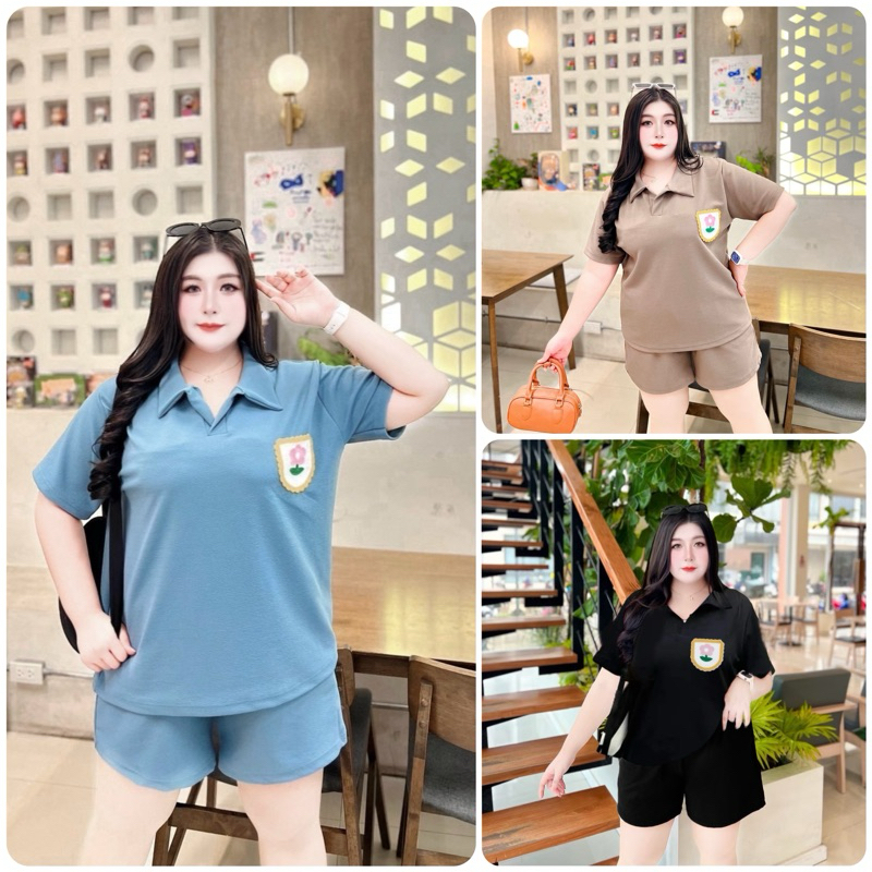 ชุดเซต 2 ชิ้นกางเกงขาสั้นสีพื้นคอปกเป๋าดอกไม้