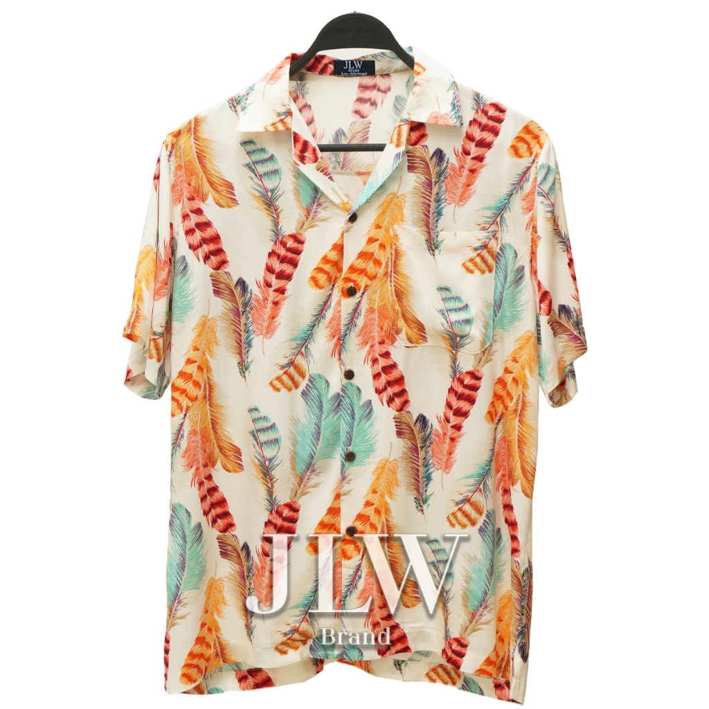 เสื้อฮาวาย ลายขนนกครีม ผ้านิ่ม M L XL Oversize คอฮาวาย JLW BRAND