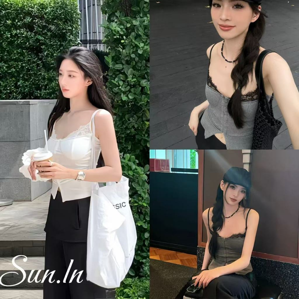 SUN พร้อมส่ง เสื้อเกาะอกไร้โครงลูกไม้ เสื้อกล้ามทรงเข้ารูปสำหรับสาวฮอต