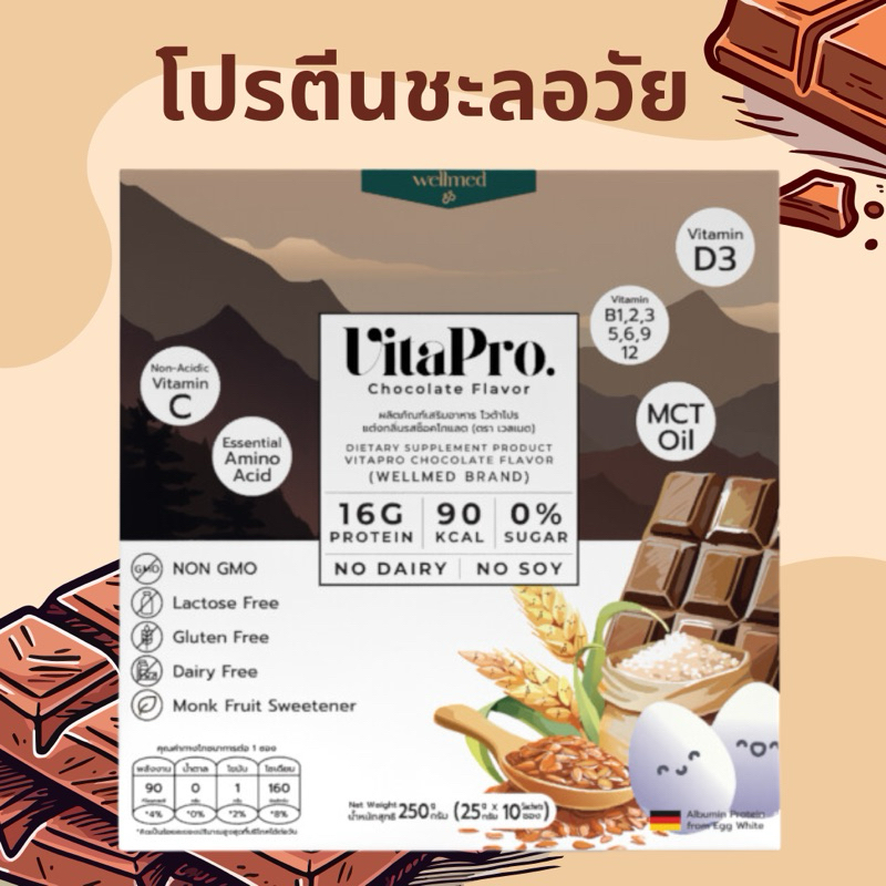 โปรตีนชะลอวัย Vitapro รสช็อคโกแลต โปรตีนจริงใจและจริงจัง หอม อร่อย เข้มข้น ทานง่าย ละลายดี Wellmed
