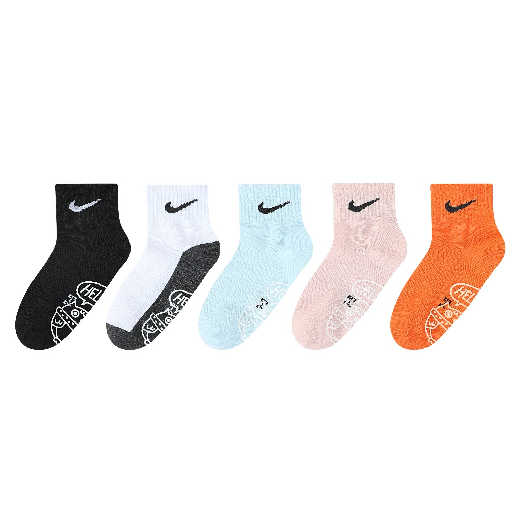 (คละสี 5คู่1กล่อง)Nike ถุงเท้านักเรียนถุงเท้ายืดหยุ่น ระบายอากาศ ป้องกันการลื่นไถล สีพื้น สําหรับเด็กอายุ 3-5 ปี