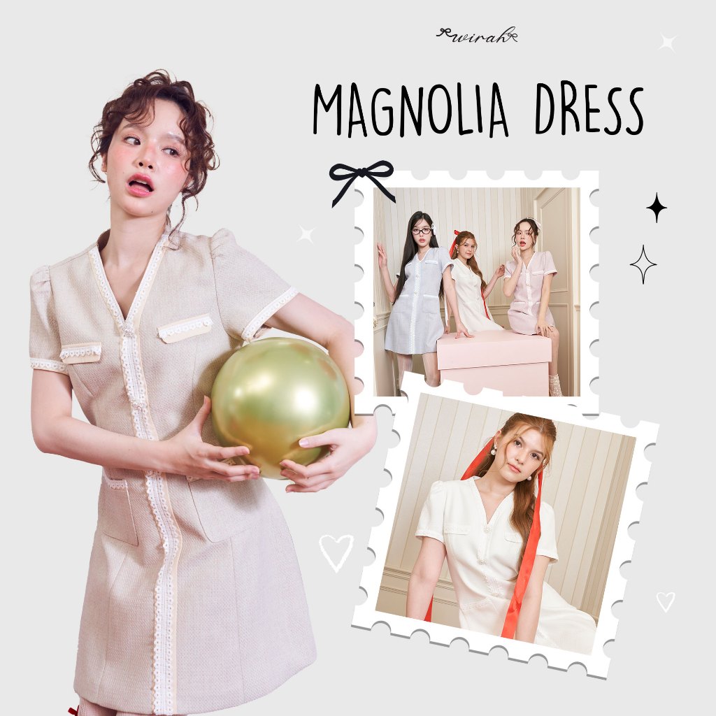 Magnolia Dress : DW07 ชุดเดรสผ้าทวิสลายทวิว คอวี แต่งลูกไม้ทีคอเสือ และสาบจนถึงชายกระโปรง