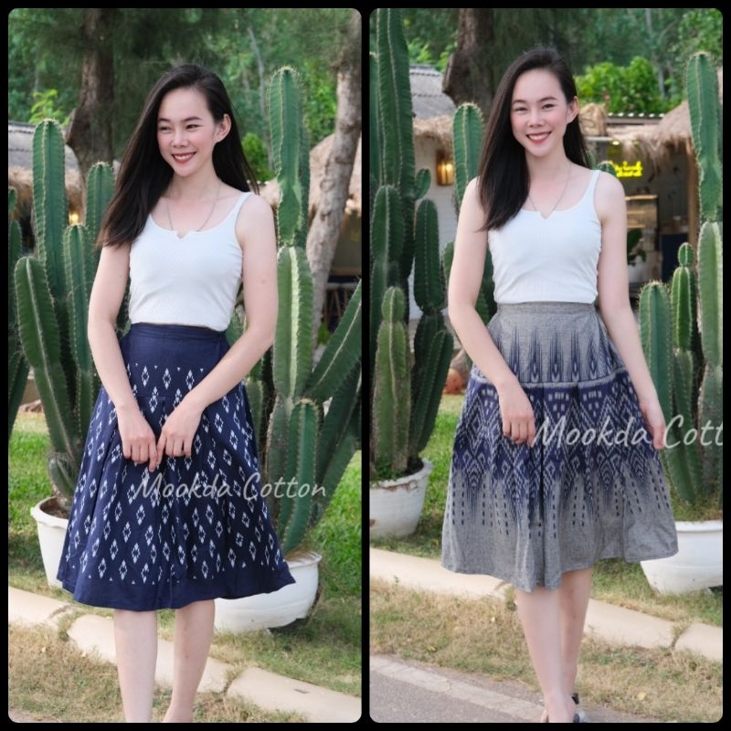 กระโปรงผ้าฝ้ายพิมพ์ลายจีบทวิส เอวยืด