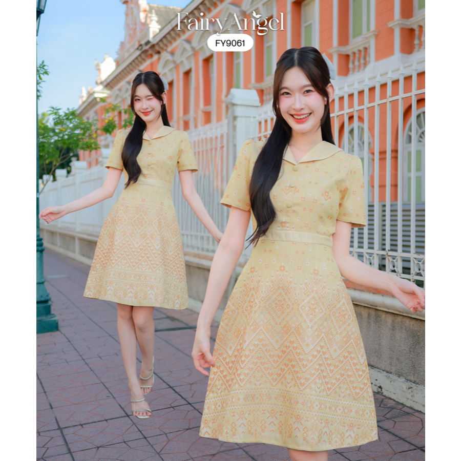 Fairyangelstore - เดรสผ้าไทยคอปกแต่งกระดุม (FY9061)