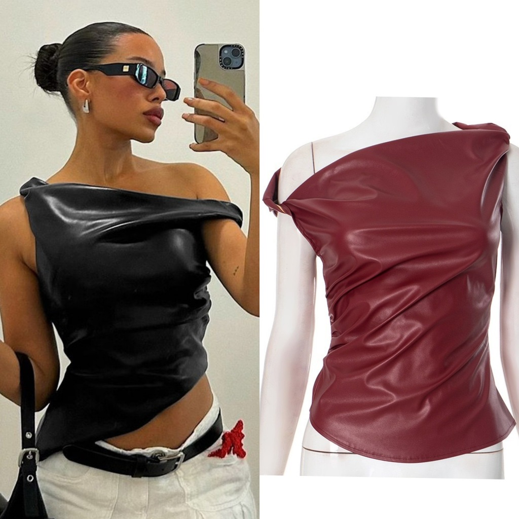 BK STYLE รุ่น Amy เสื้อหนังปาดไหล่ เสื้อสายฝอ