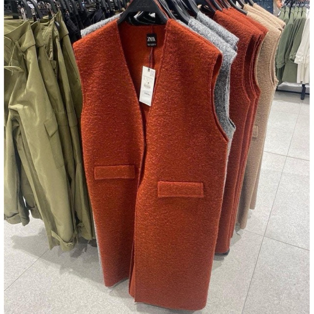 SALE 150฿ เสื้อตัวยาวแขนกุดคอวี Zara Boucle Long Vest เข้าใหม่ ใส่คลุมได้เก๋มาก สีแดงส้ม