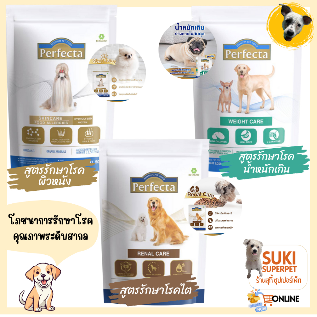 อาหารสุนัขเพอร์เฟคต้า(Perfecta) สำหรับรักษาโรค 3 สูตร รักษาโรคไต โรคน้ำหนักเกิน และโรคผิวหนัง 500g.