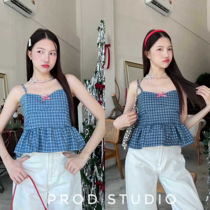 PROD STUDIO เสื้อสายเดี่ยว ผ้ายีนส์ ติดโบว์
