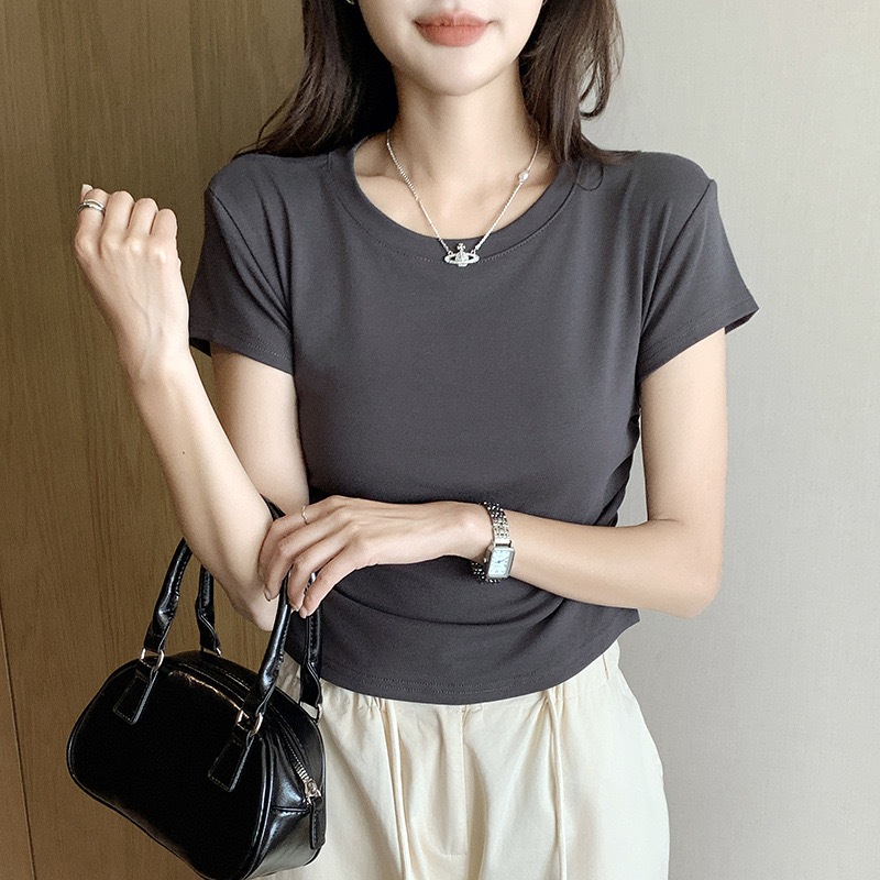 Px ราคาพิเศษ เสื้อแขนสั้นผู้หญิง คอกว้าง แหวกเอวสุดเซ็กซี่ แมทช์ง่าย ผ้านุ่มดีใส่สบาย