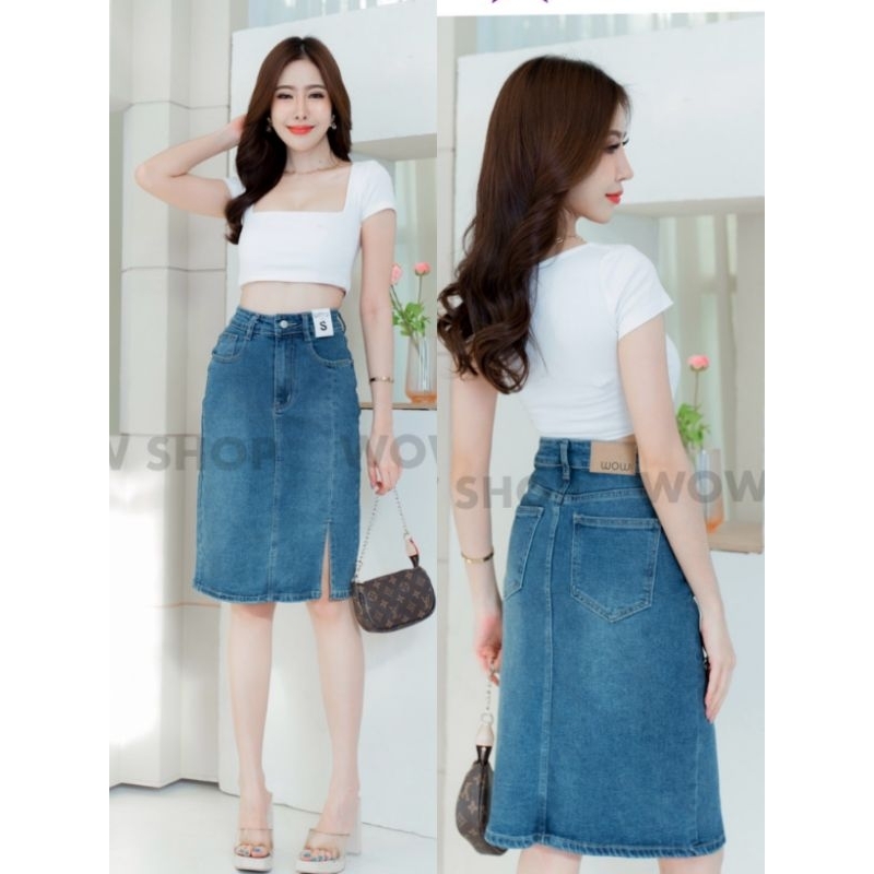 938#wowกระโปรง​ยีนส์​ผ้ายืดเอวสูงทรงสวยมาใหม่