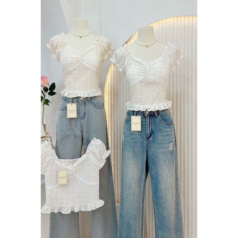 NN606 เสื้อครอปแขนตุ๊กตาผ้าปักฉลุลายดอกไม้ Peekanong