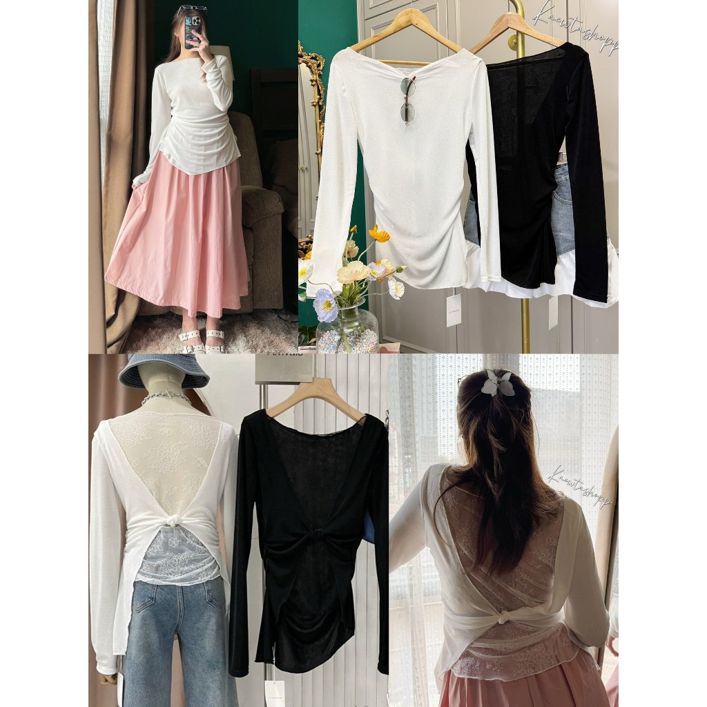 เสื้อแขนยาว เว้าหลัง แต่งลูกไม้ ชายโค้ง งานสวยมาก เรียบหรูดูแพง Matinee Kaewtashop