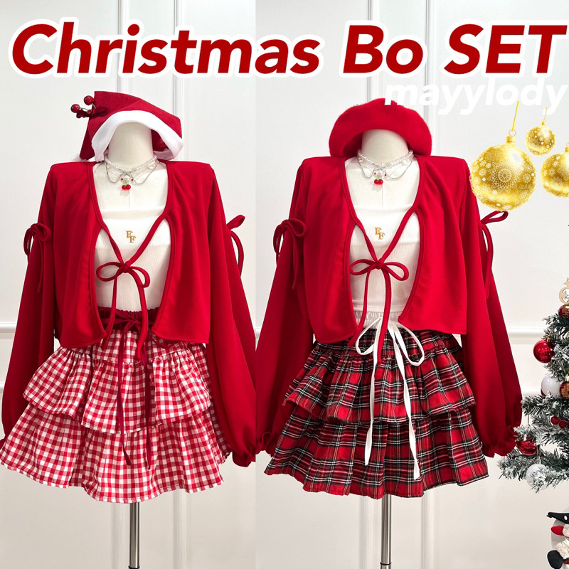 mayylody Christmas BO SET เเมทต์เซ็ต เสื้อคลุม + สายเดี่ยว +กระโปรงบอลลูน สุดน่ารัก ชุดคริสมาส / ชุดสีแดง