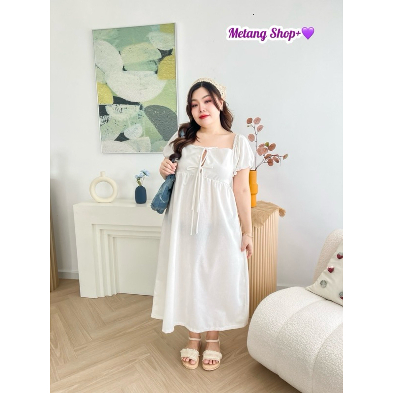 MT ชุดเดรสยาวผูกโบว์ช่วงอก แขนตุ๊กตาน่ารัก ผ้าฝ้าย ไซส์ใหญ่