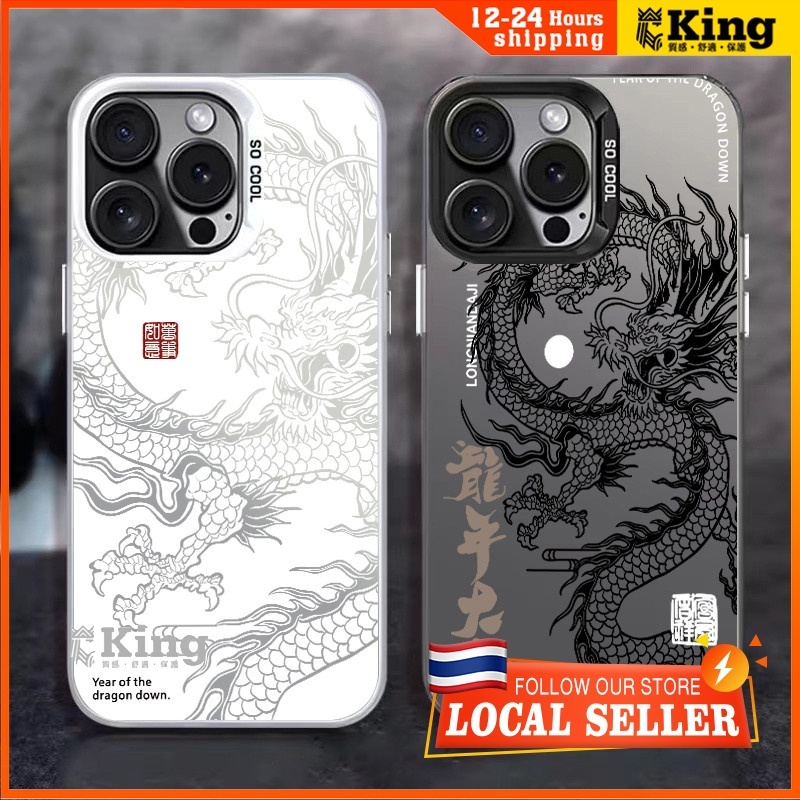ส่งจากไทย สีดำหรูหราซิลิโคนแข็งกรณีโทรศัพท์ มังกรจีน for IPhone 13 15 7Plus 14 12 11 Pro MAX 7Plus X XR XS