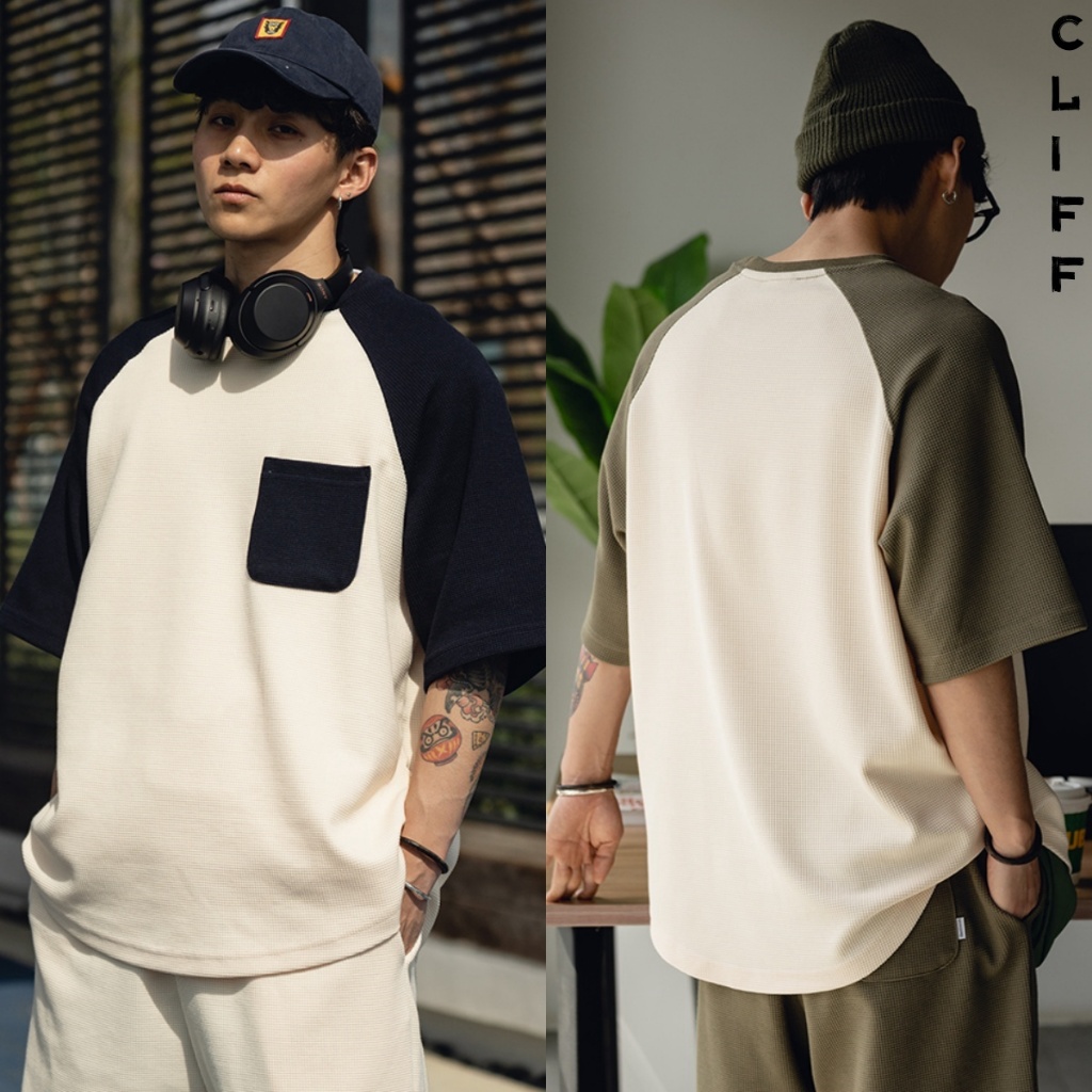 CLIFF สไตล์ญี่ปุ่น ย้อนยุค วาฟเฟิล ประกบแขนสั้น การเลือก เสื้อยืดฤดูร้อน ไหล่แขนสั้น หลวม