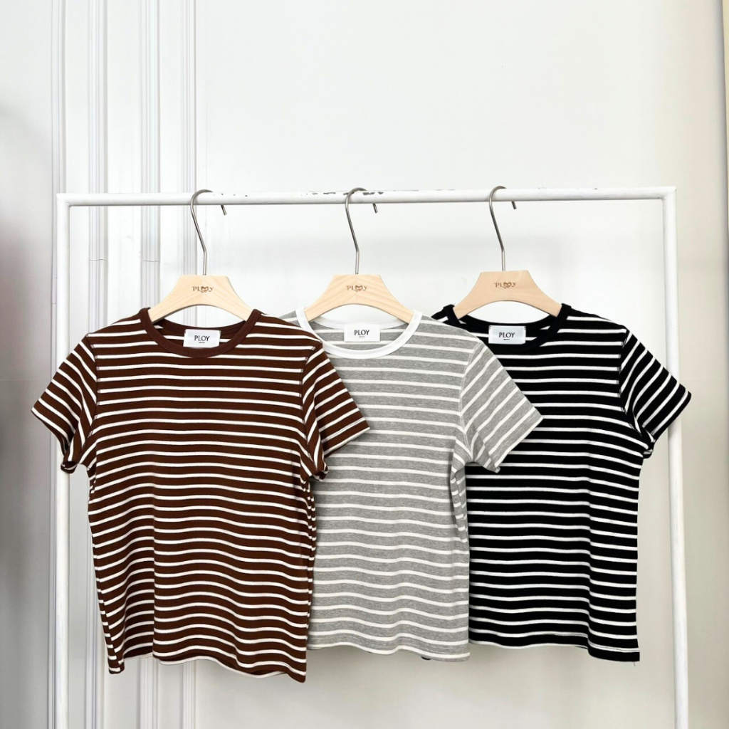 PP0122 เสื้อยืดคอกลมแขนสั้นลายริ้ว แต่งขอบคอ Tshirt