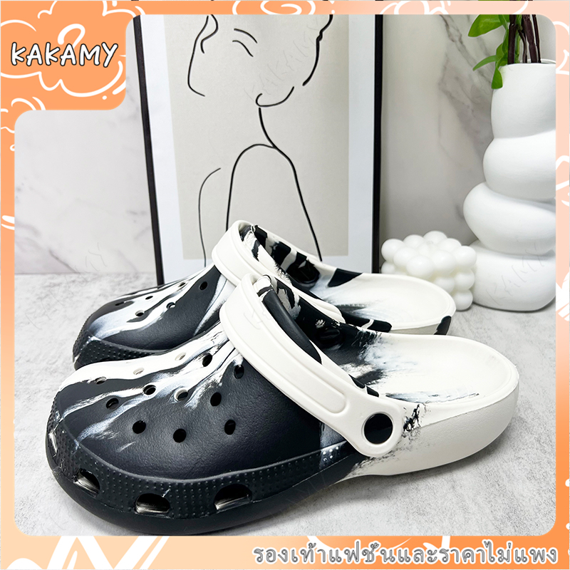 KAKAMY รองเท้าแตะชายหาด รองเท้าหัวโตแบบมีรู สไตล์เกาหลี DIY แฟชั่น พื้นหนา