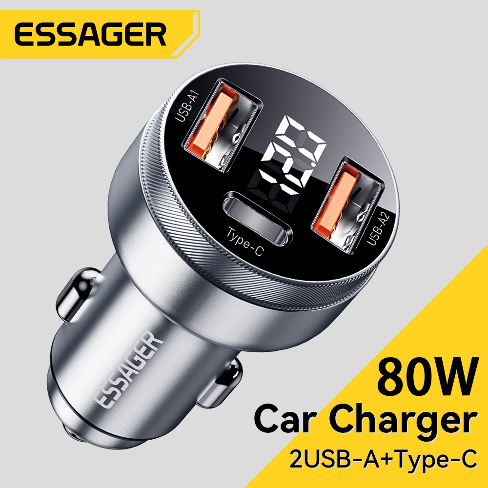 Essager 80W รถชาร์จพร้อม Digital Diaplay 2A+C พอร์ต 12V-24V Universal PD การชาร์จ Fast Fast