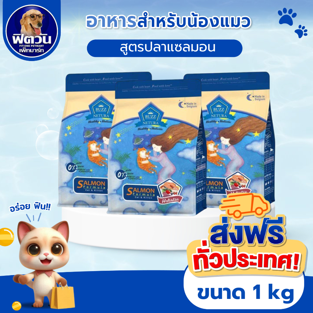 อาหารแมวพรีเมียม Buzz Netura สูตรเนื้อปลาแซลมอน สำหรับลูกแมวและแมวโต 1 กก.{อาหารแมวเม็ด}