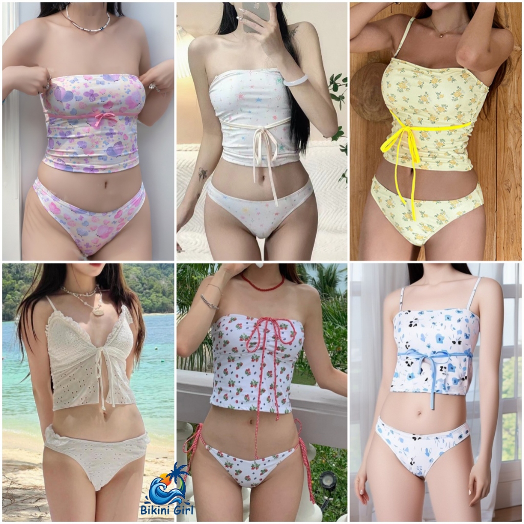 บิกินี่  เซต2ชิ้น เซ็กซี่💋ชุดว่ายน้ำแฟชั่น ชุดเที่ยวทะเล🎀ลายดอกไม้ ดีไซน์แบบผูกเชือก🚚ส่งไวจากไทย1-3วัน